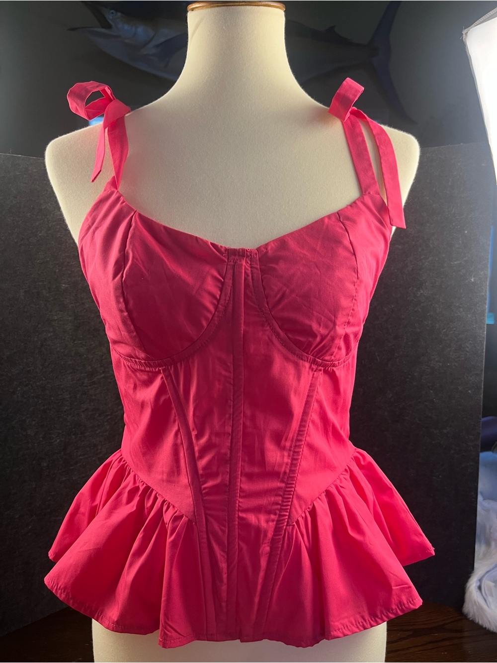 SHEIN NWOT Bright Pink Tie-Shoulder Peplum Bustier Top